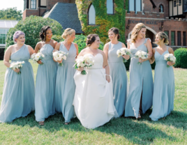 Bridesmaids with various hairstyles including braids, updos, and half up