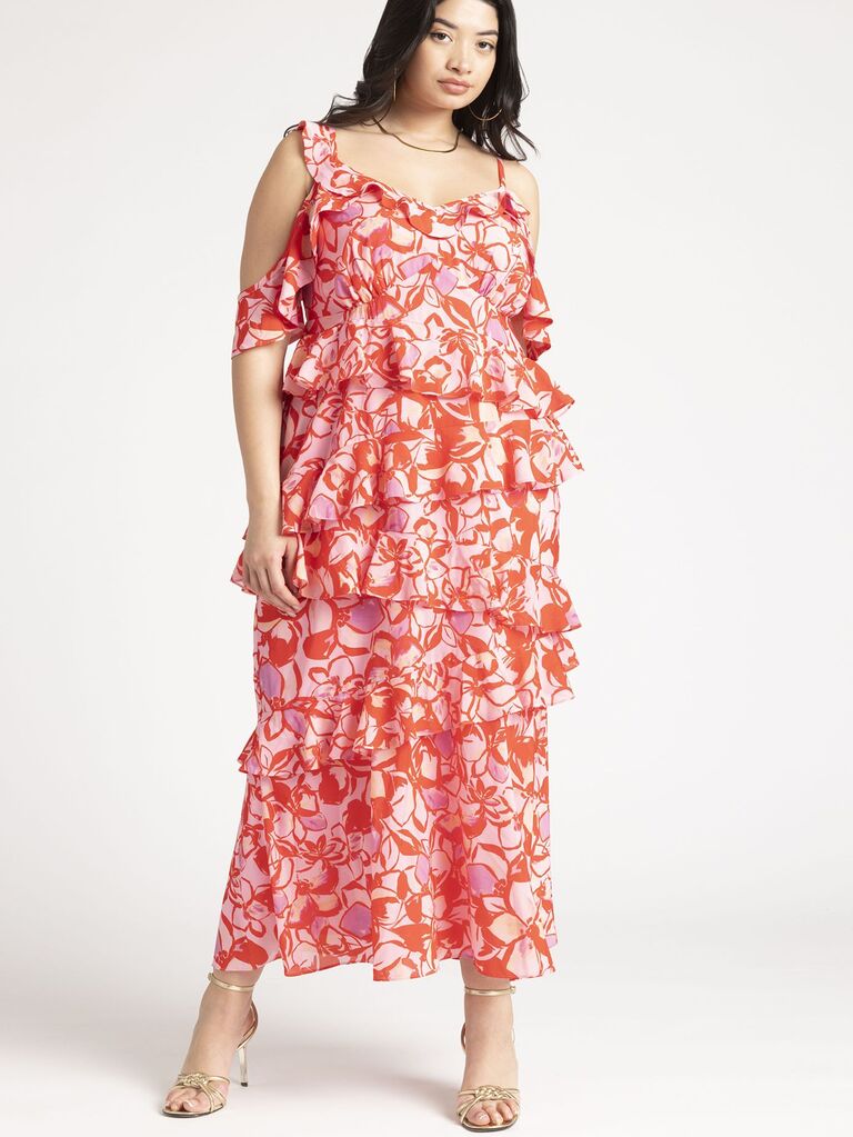 Abstract print ruffled tiered off-the-shoulder dress on plus-size model