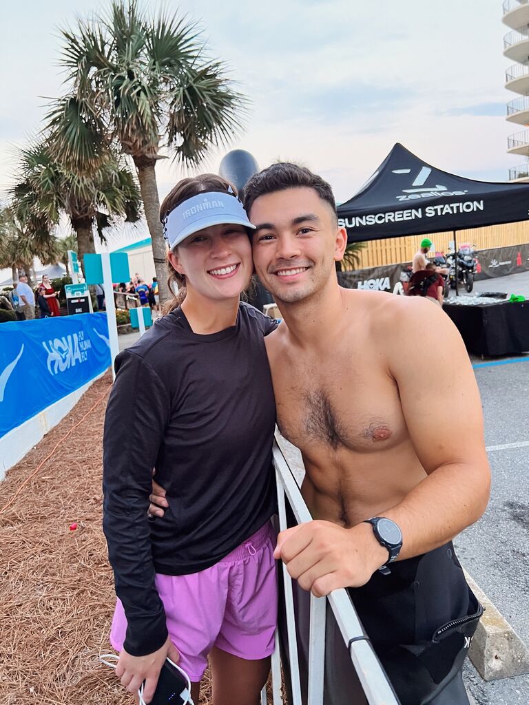 Sophie cheering on Connor at his half-Iron Man in Panama City Beach. Connor brought her along as a surprise to his parents! (Also their Instagram hard-launch photo)