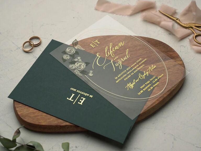 Luxurious Deep Green Glass or Acrylic Wedding Invitations with