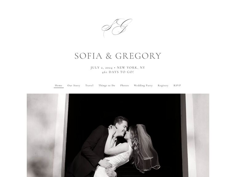 the knot free wedding website example with classic black and white monogram