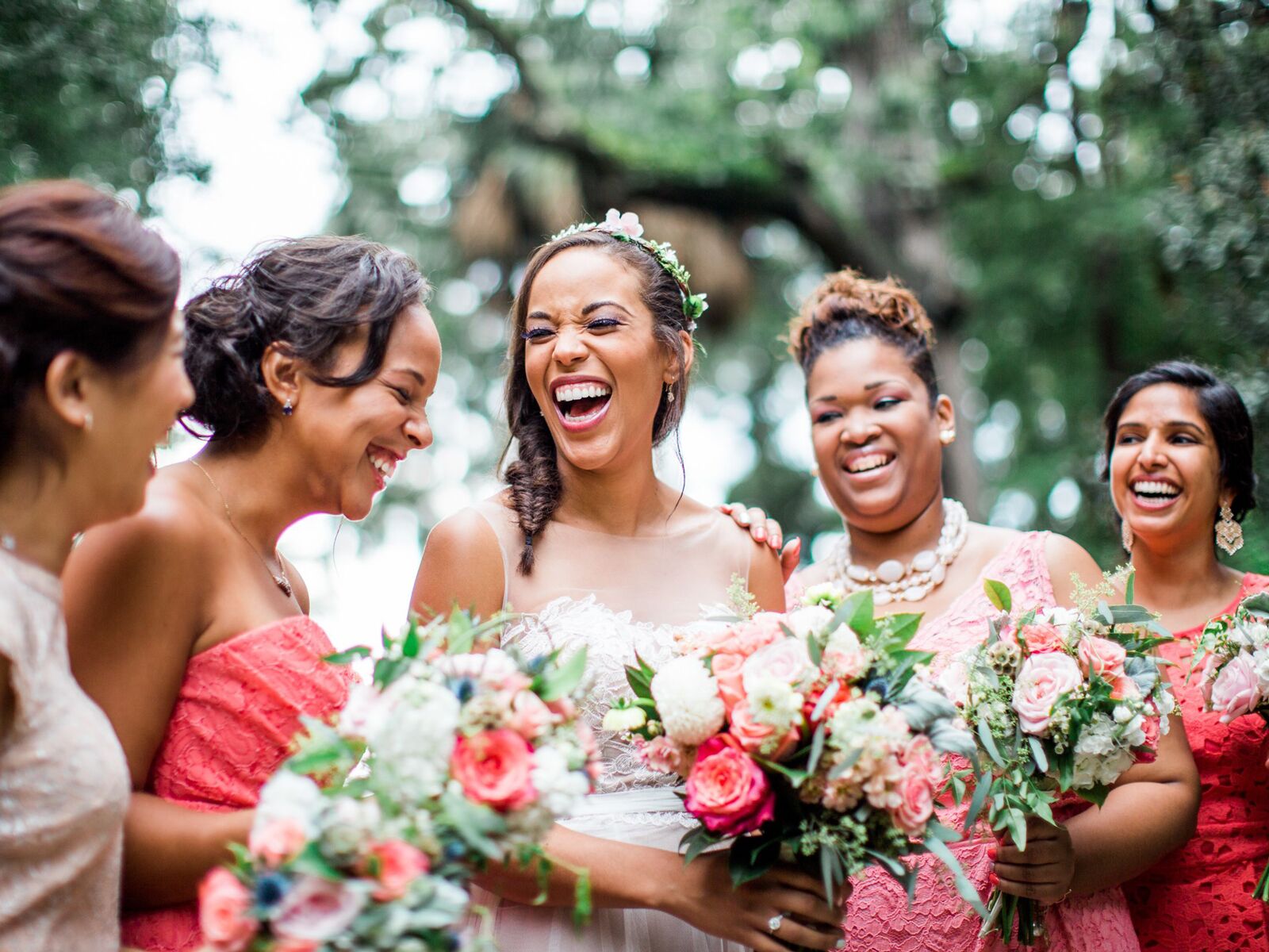 Brides with bridesmaids wearing mismatched accessories