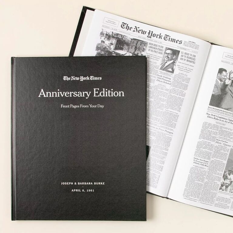 Hard-bound book that features newspaper front pages from your special day. 