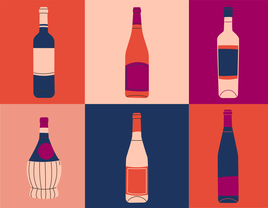 Graphic of various alcohol bottles set against a colorful background. 