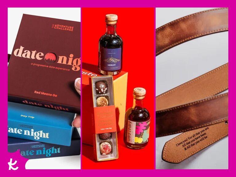 Collage of three Valentine's Day gifts for husband including date night cards, wine and chocolate, and personalized belt 