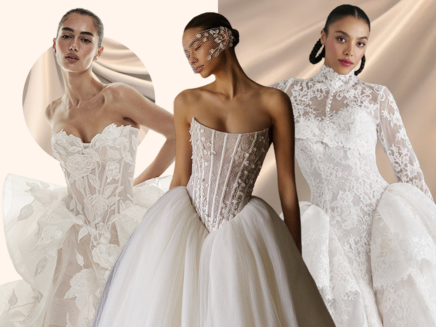 Collage of Basque waist wedding dresses