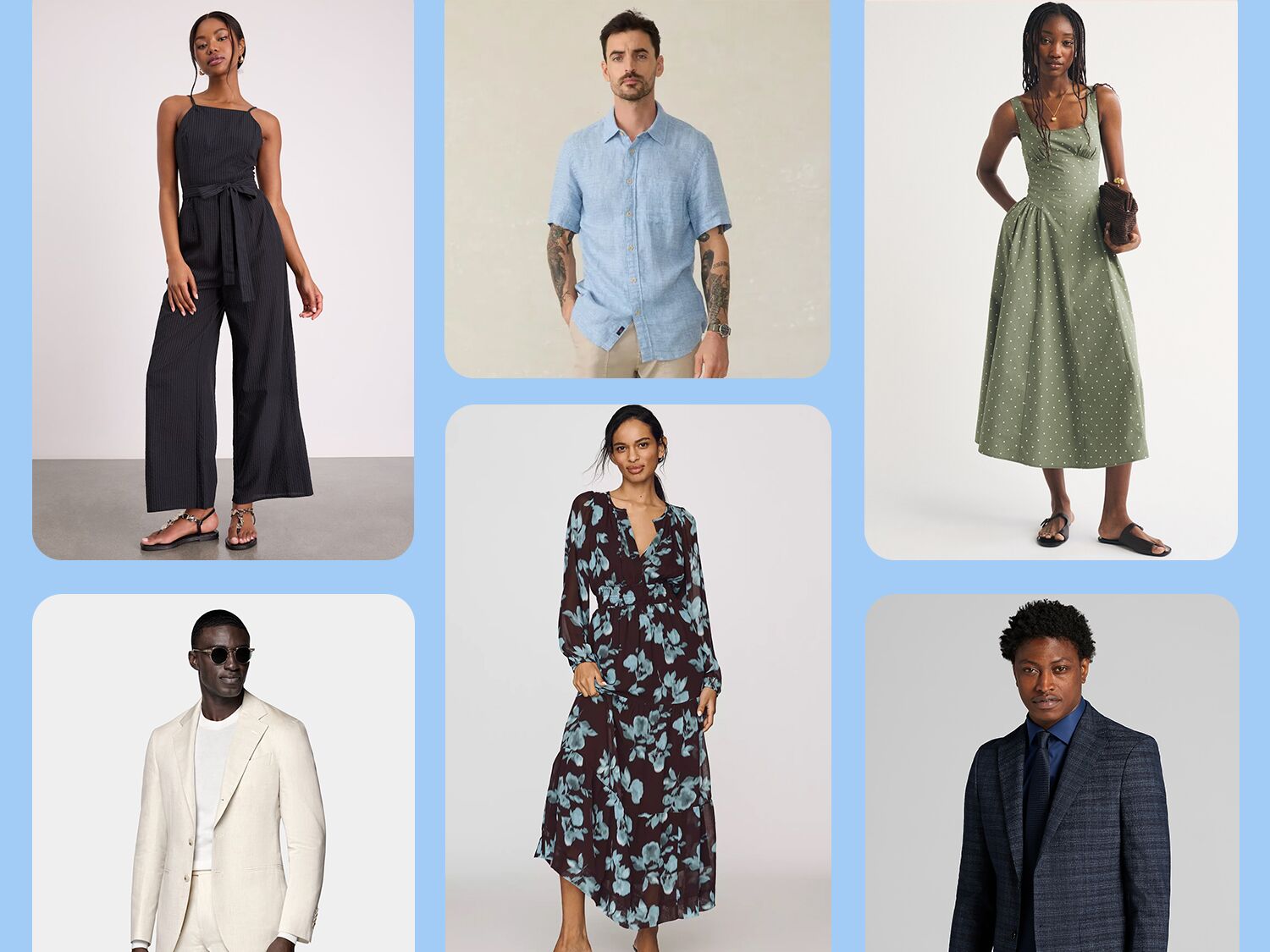 Collage of casual wedding attire outfits for men and women