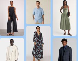 Collage of casual wedding attire outfits for men and women