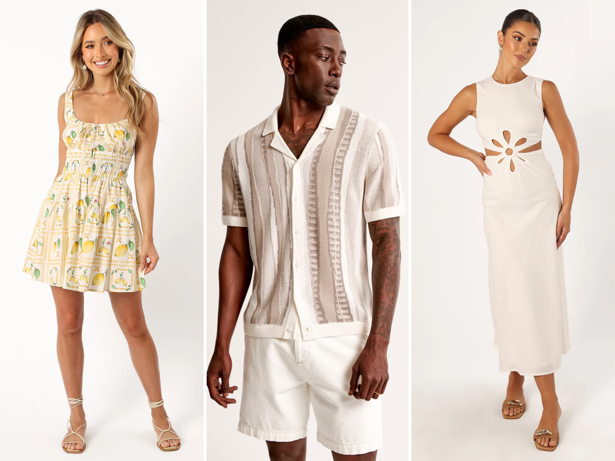 Collage of three summer date night outfit ideas for men and women
