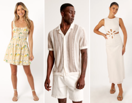 Collage of three summer date night outfit ideas for men and women