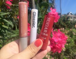 Aveda Nourish-mint lip glaze, Glossier Generation G Crush lipstick, Fresh Sugar lip treatment