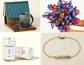 50th birthday gifts for wife: reading valet, bouquet of flowers, birth flower bracelet, personalized birthdate candle