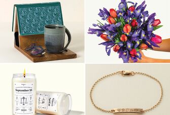 50th birthday gifts for wife: reading valet, bouquet of flowers, birth flower bracelet, personalized birthdate candle