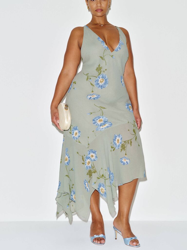 sachin and babi light blue dress Elegant Round Neck Smocking Midi Length Chiffon Wedding Guest Dresses main image 0