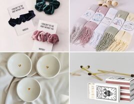 Four bridal shower favors: velvet scrunchies, pashminas, tarot card matchbox, trinket dishes