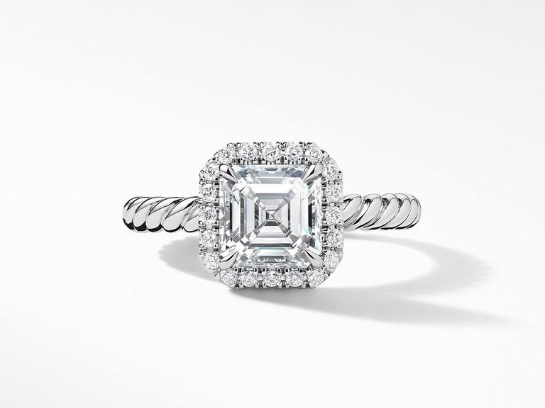 david yurman asscher cut engagement ring with diamond center stone platinum claw prongs round diamond halo and platinum twisted band