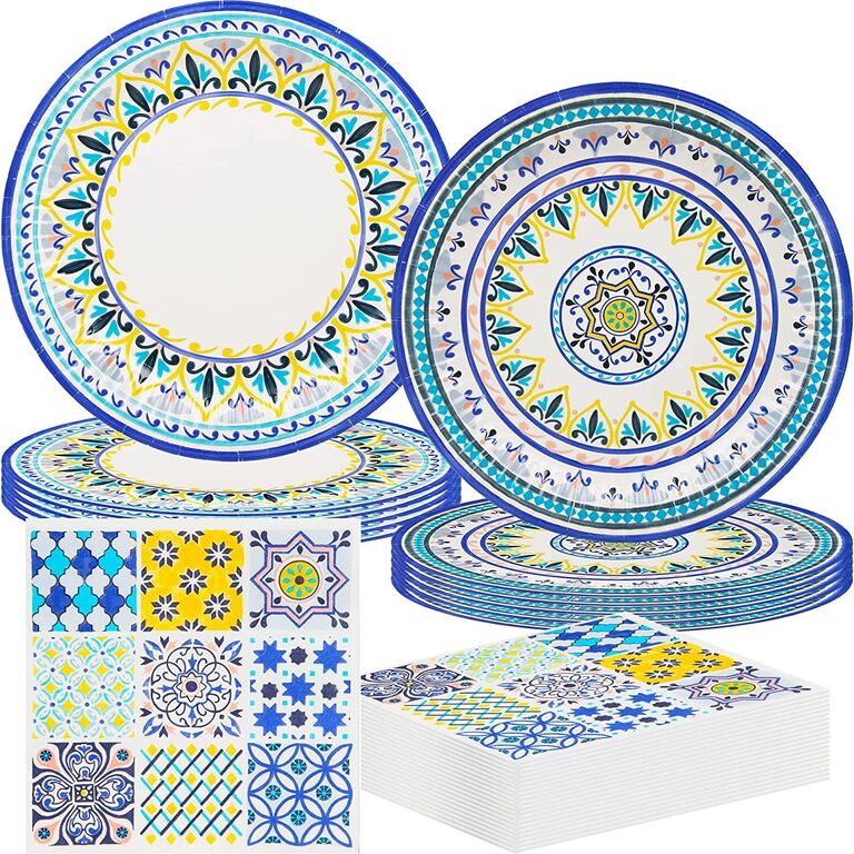 Colorful Paper Plates and Napkins from Amazon for your Mamma Mia bach party
