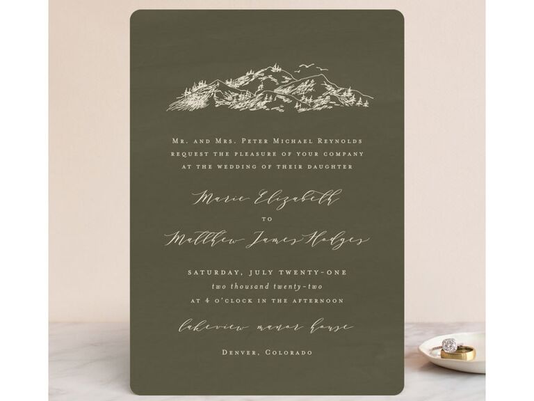 Dark green destination wedding invitation with mountaintop graphic