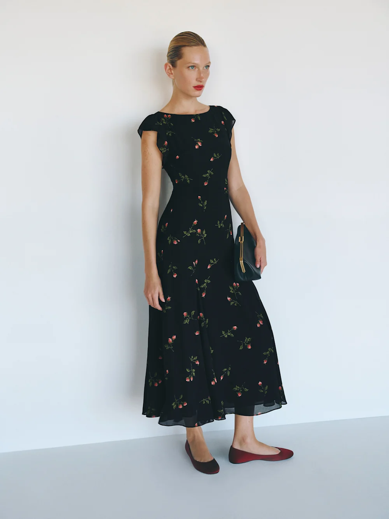 Reformation rosebud black bridesmaid rehearsal dinner dress