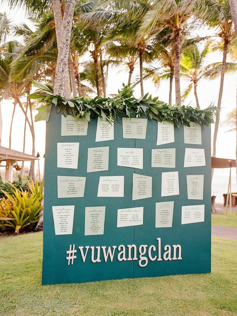 Tropical seating chart board at beach wedding