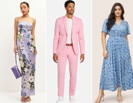 Collage of three spring wedding guest outfits