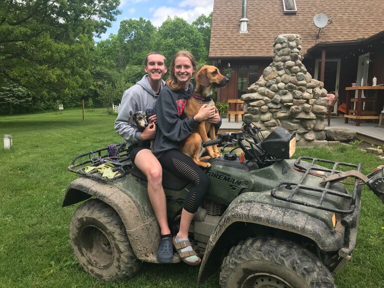 This picture was taken a little bit after the pandemic was starting to settle down.  They loved being able to spend more time at home than usual. Kinsey and Harley loved going for a ride... Kinsey loved it so much she peed on Austen. 