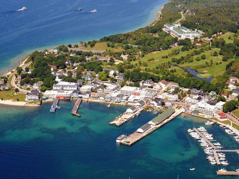 An aerial view of Mackinac Island in Michigan