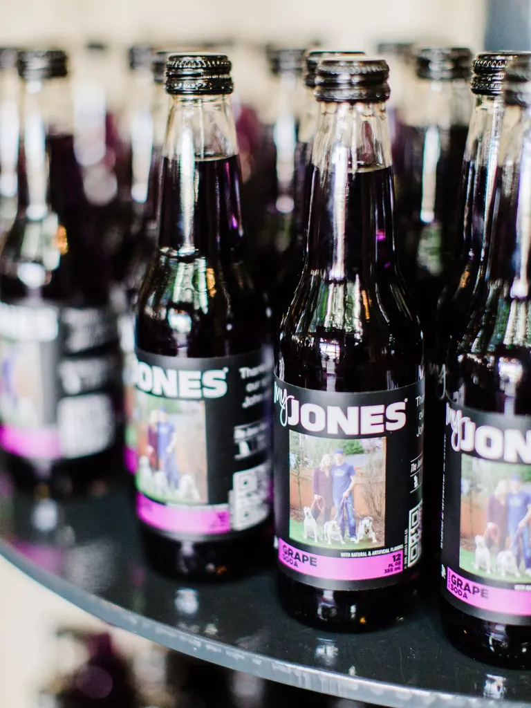 Personalized Jones mini soda bottles for signature wedding drink idea