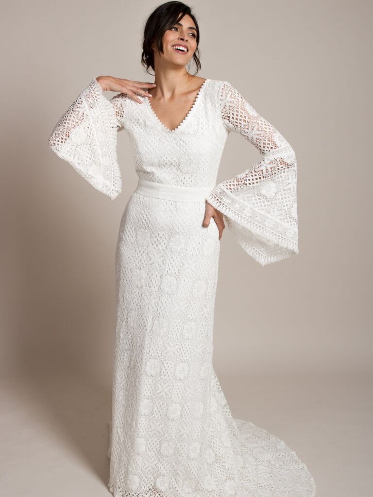 Long sleeved crochet beachy wedding dress by Indiebride London. 