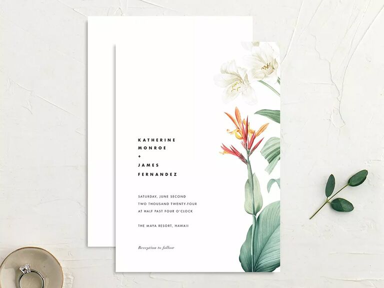 Tropical florals on right border with simple type on white background