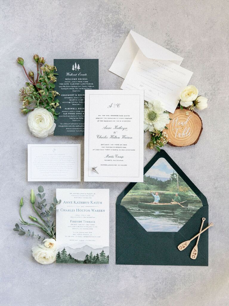 Fishing-themed green-and-white wedding invitation
