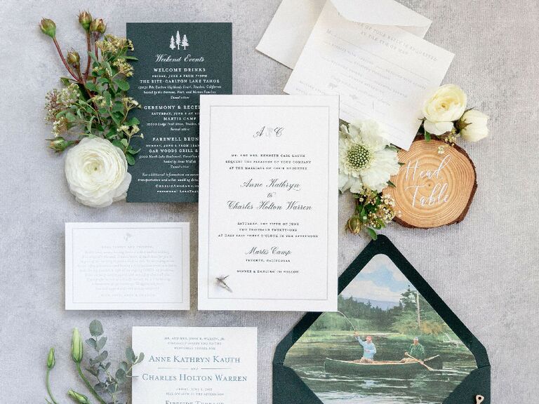 Fishing-themed green-and-white wedding invitation