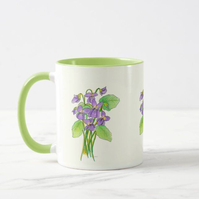 Violet illustration on a white and green mug