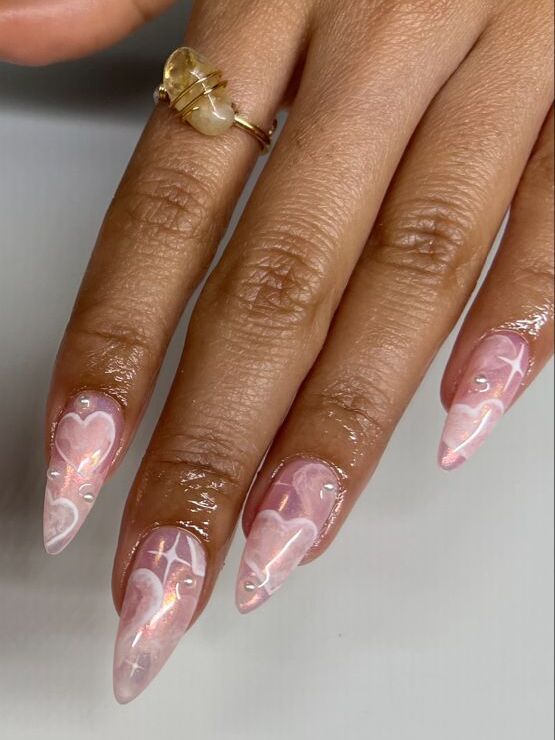 pointed pink heart wedding nails