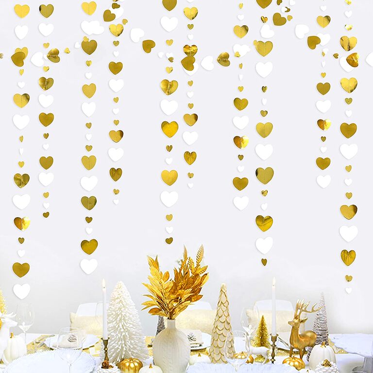 White and gold heart garland, engagement party bunting and streamers