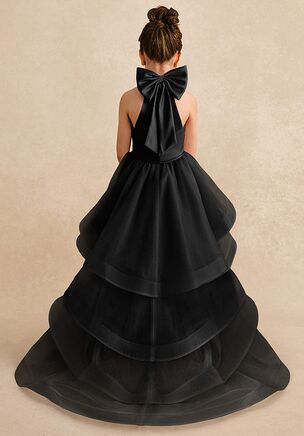 Bev features a charming A-line silhouette in matte satin and tulle, with a stylish halter neckline, playful bow and a stunning A-line gathered skirt with a chapel train. This dress is perfect for any special occasion.