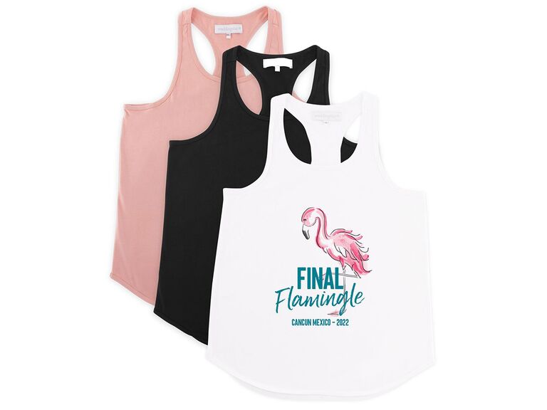 Beach-themed bachelorette party tank tops with phrase Final Flamingle