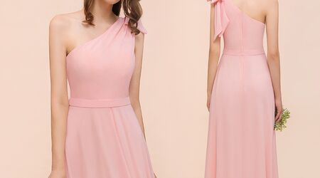BMbridal Affordable Plus Size Chiffon Round Neck Pink Bridesmaid Dress