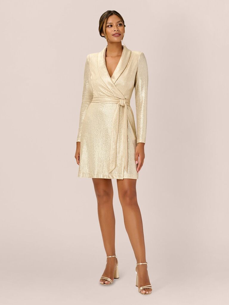 A glittery gold wrap tuxedo dress from Adrianna Papell
