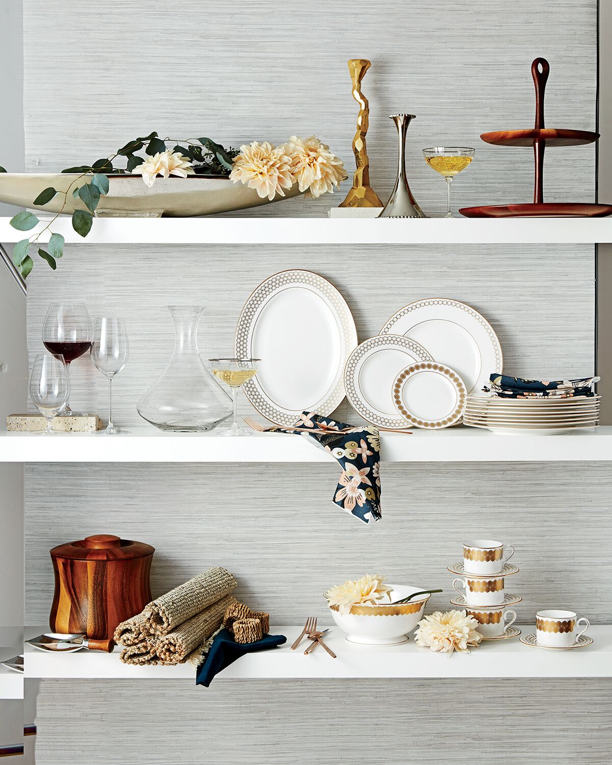 shelves with china and other dinnerware