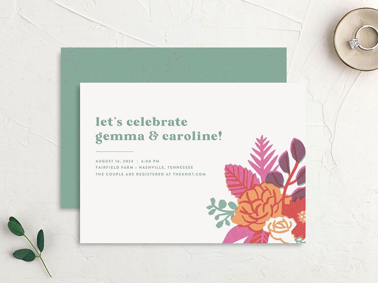 Colorful floral arrangement in corner and green text on white background