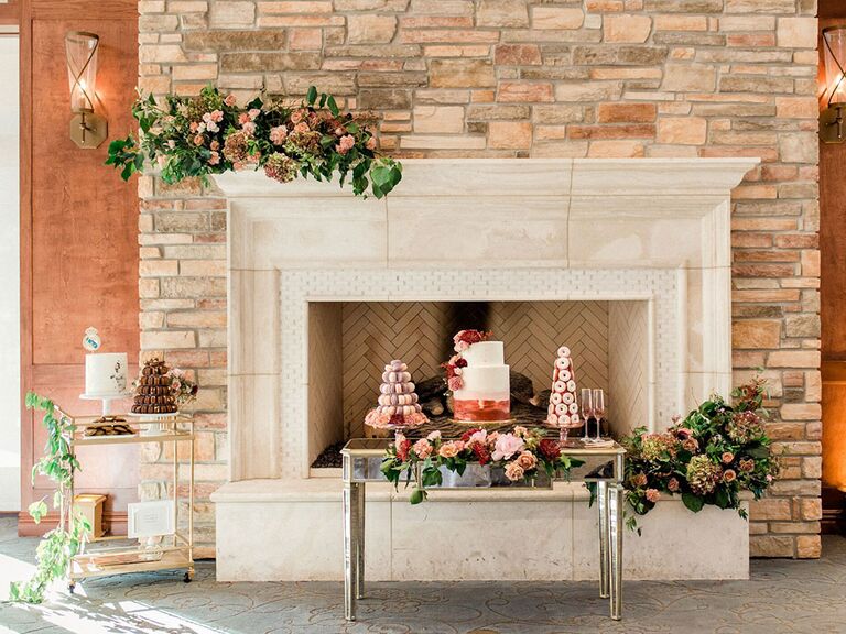 romantic dessert table beside fireplace