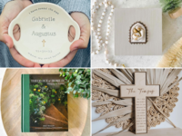 Four Catholic wedding gift ideas including a ring dish, memory box, book, and decorative cross