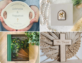 Four Catholic wedding gift ideas including a ring dish, memory box, book, and decorative cross