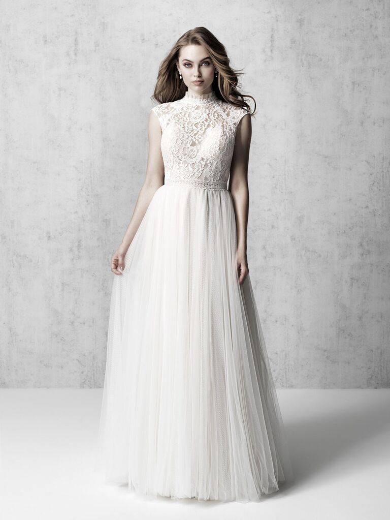 Lace High Neck Sheath Wedding Dress With Cap Sleeves