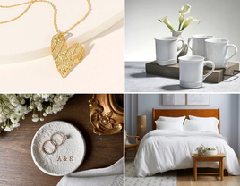 13-year anniversary gift ideas: heart pendant, Le Creuset mugs, duvet set, lace lantern