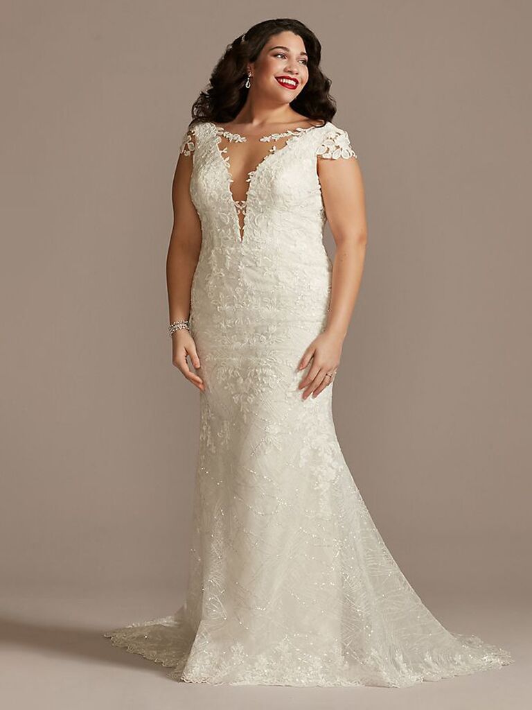 david's bridal white sheath wedding dress with lace cap sleeves deep v low scoop back lace chest and form fitting flowy lace skirt