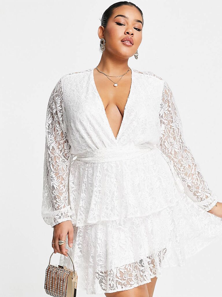 White lace rehearsal dinner minidress with long sleeves from John Zack