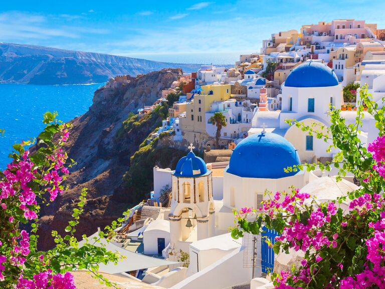 The iconic blue and white buildings of Santorini
