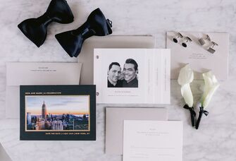 modern wedding invitation suite two bow ties and two white calla lily boutonnieres